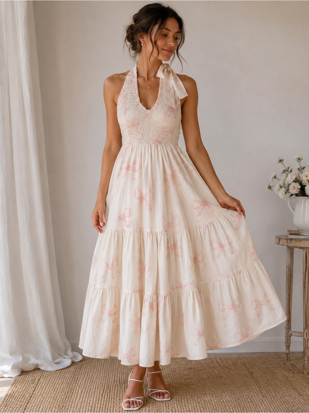 Kathleen Maevek Grace Rose XS Halter Maxi Dress Pink Bow Print Smocked Tiered